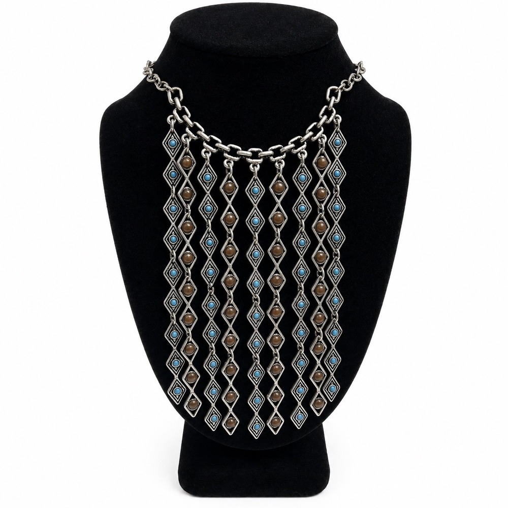 Boho Silver Tone Fringe‎ Bib Necklace Faux Turquoise Brown Cabochon StatemEnt